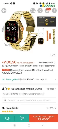 Relógio smartwatch dourado
