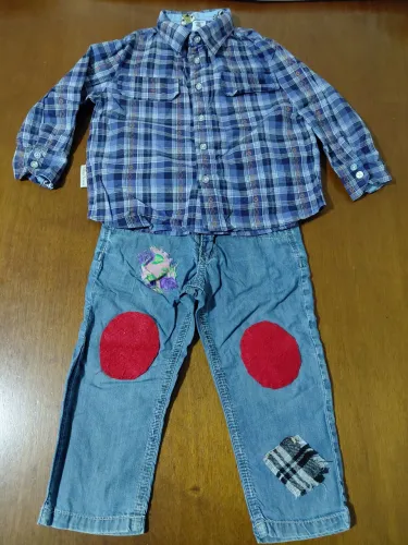 Conjunto Junino Camisa Xadrez e Calça Jeans Julino 12 meses 01 ano Menino Brinde Gravata