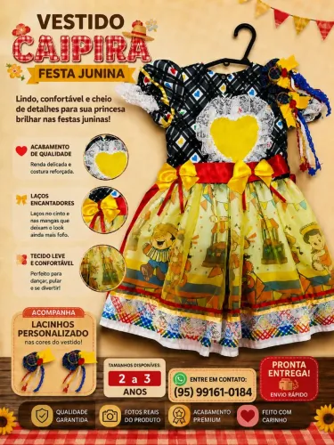 Vende- se vestido festa junina, usado apenas uma vez. Vesti até 3 anos, acompanha laços.