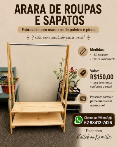 Arara de roupas e sapatos em madeiras!