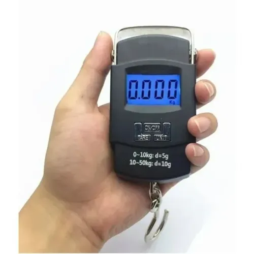 Balança digital portátil com gancho Até 50Kg - GRÁTIS 2 PILHAS AAA.