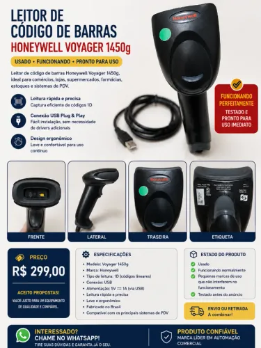Leitor Honeywell Voyager 1450g 2D e QR Code USB - Funcionando