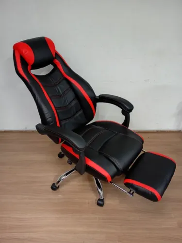 Cadeira Gamer em Couro PU Reclinável Preto e Vermelho