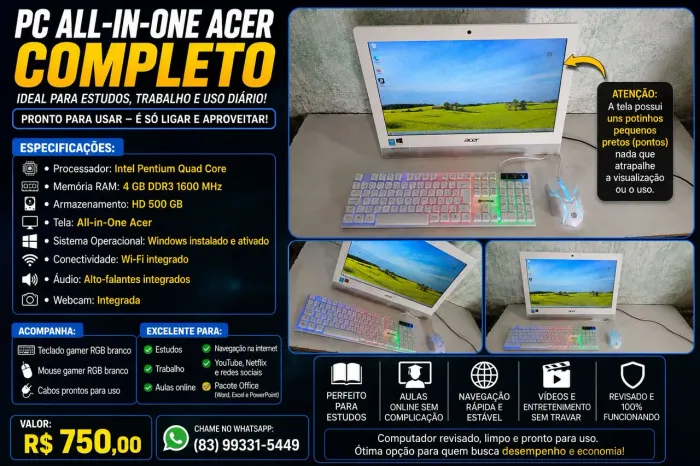 PC All-in-One Acer Completo - Ideal para Estudos, Trabalho e Uso Diário<br>?