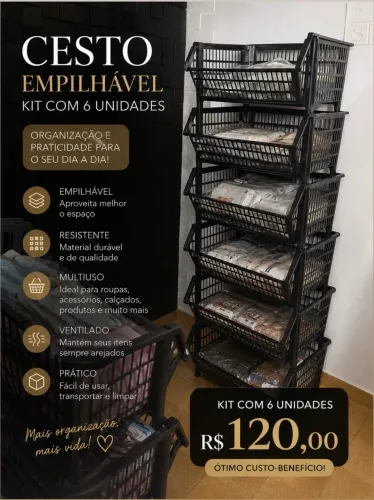 Cesto Empilhável preto kit com 6 