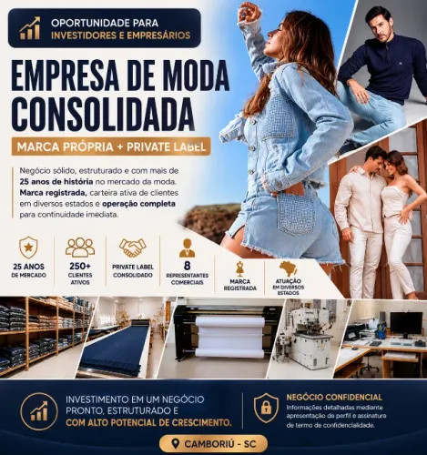 Empresa de Moda à Venda em Camboriú SC / Marca Própria, Private Label e 25 Anos de Mercado