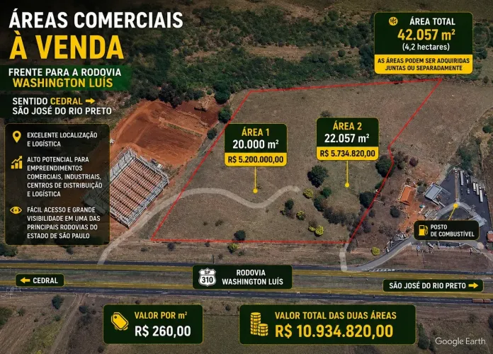 ÁREAS COMERCIAIS À VENDA  FRENTE PARA A RODOVIA WASHINGTON LUÍS