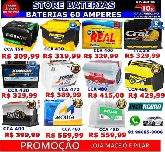 Baterias Diversas Marcas e Amperagens (Entrega e Instalação).,