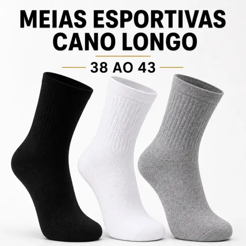 Kit 12 Pares Meias Cano Alto Algodão Masculina Feminina Confortável Dia a Dia 
