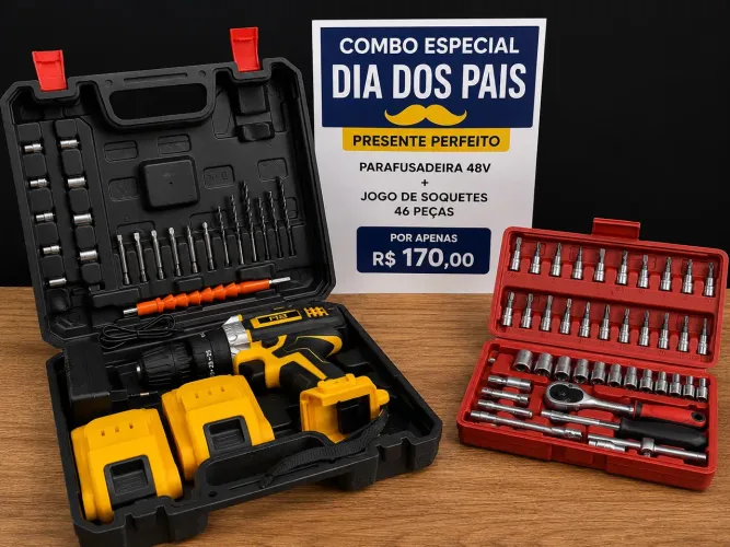 ? Combo Especial Dia dos Pais - Parafusadeira/Furadeira 48V + Jogo de Soquetes 46 Peças
