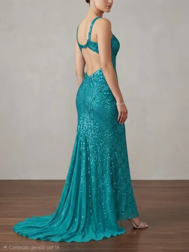 Vestido de festa azul tiffany bordado