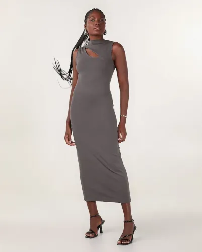 Vestido midi tubinho com recorte frontal cinza