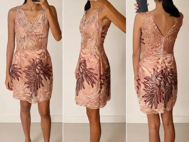 Vestido rosa bordado, tamanho P, curto