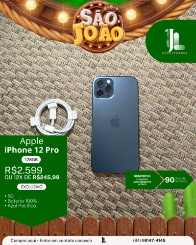 IPHONE 12 PRO, 128GB, AZUL PACÍFICO, BAT 100%, SEMINOVO, EXCLUSIVO!