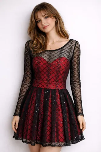 Vestido preto e vermelho com renda tule /manga longa/ Festa/Noite