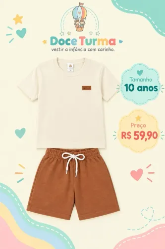 Conjunto Básico Menino Camiseta Off Quite e Bermuda Caramelo