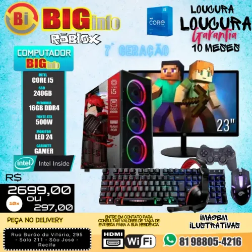 Pc Gamer I5 7°geração 16gb Ddr4 Sdd 240gb Monitor 24FHD Fonte 500w - Em ate 10x Fixas 