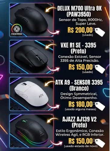 Mouses sem fio, Ajazz, Delux, ATK A9, VXE R1 SE (consulte valor na descrição)