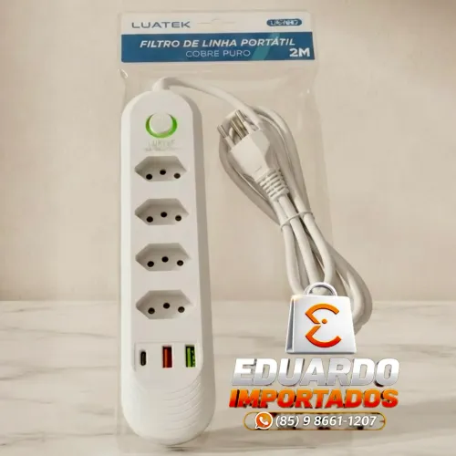 Filtro de Linha, Extensão com Interruptor 4 Tomadas, 2 USB, 1 Tipo-C Carregar 2 Metros