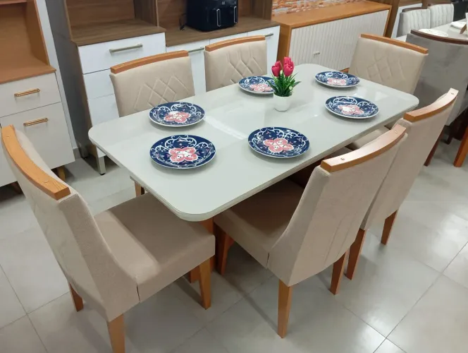 Mesa de jantar 6 lugares cadeiras linho orlando 