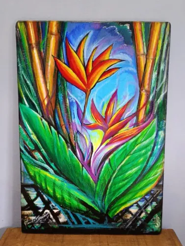 Painel em madeira pintado a mão Flores tropicais 