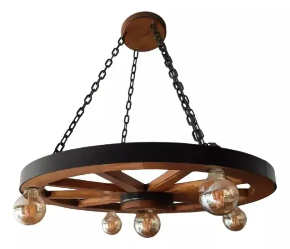 Lustre Rústico Roda De Carroça Em Madeira Maciça 7 bocal 90cm