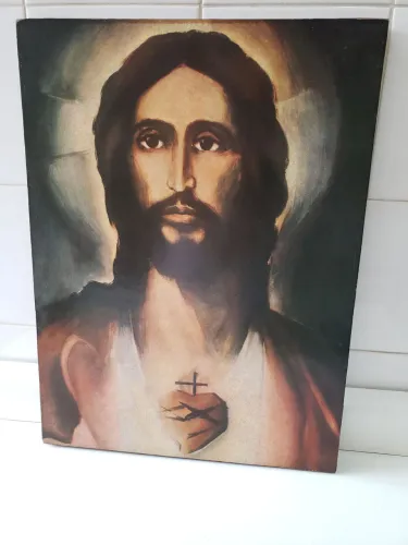 Quadro decorativo gravura à óleo.  Imagem Sagrado Coração de Jesus.