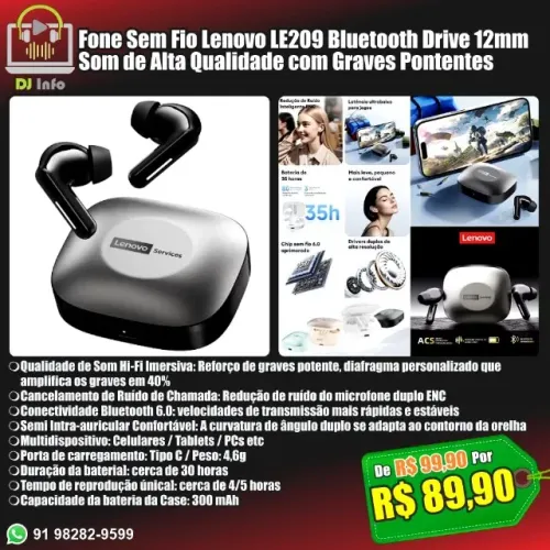 Fone Sem Fio Lenovo LE209 Bluetooth Drive 12mm
