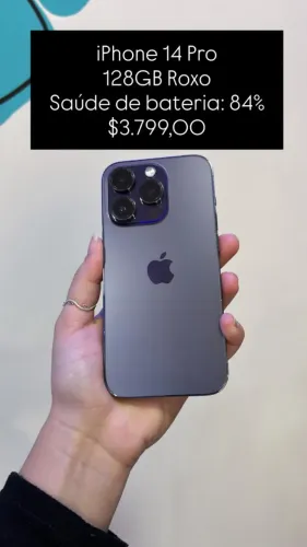 iPhone 14 Pro / 128GB / Roxo / Saúde de bateria 84% / R$ 3.799,00