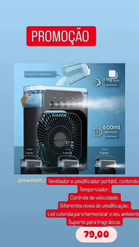 Ventilador e umidificador portátil por 75,00