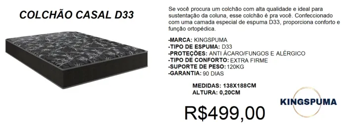Colchão D33 com EPS com 20 cm de altura - Entrega GRATIS