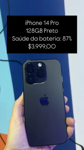 iPhone 14 Pro / 128GB / Preto / Saúde de bateria 87% / R$ 3.999,00
