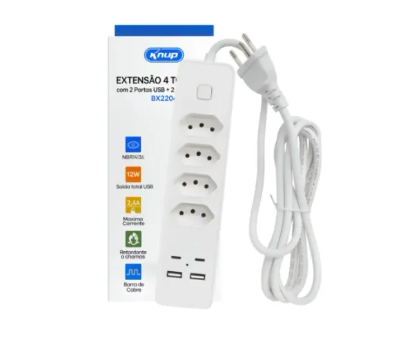 EXTENSÃO 3 TOMADAS KNUP C/ 2 PORTAR USB + 2 PORTAS TYPE C