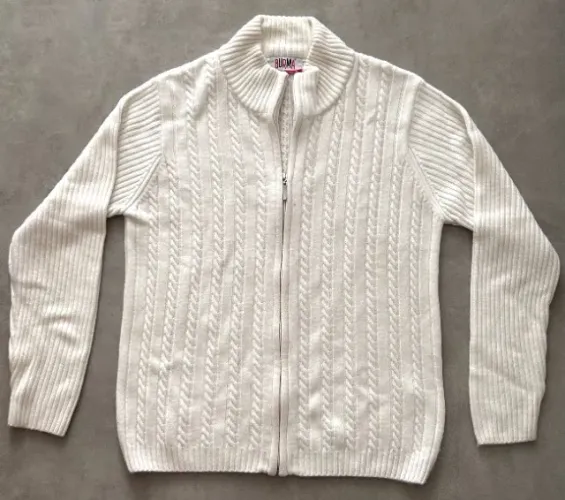Suéter/Blusa com zíper 100% lã uruguaia branca com textura da marca BURMA®