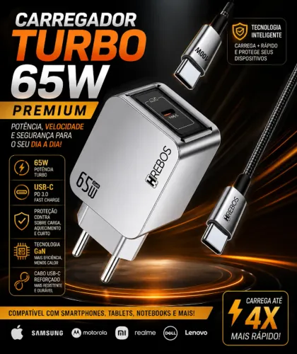 Carregador Turbo 65W Premium USB-C GaN - Carga Super Rápida + Cabo Reforçado