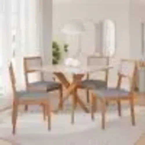 Mesa de Jantar Gabi C/Vidro 0.95 C/4 Cadeiras em Linho Cinza Grafite l66 S
