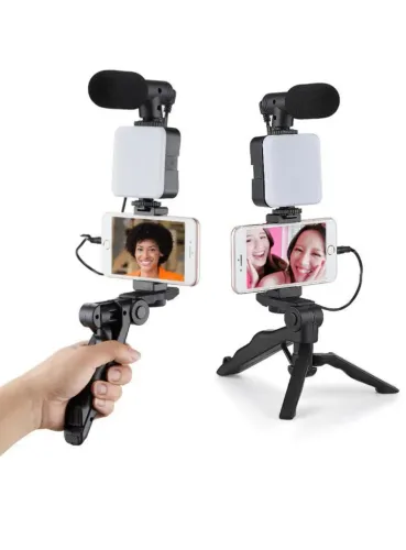 suporte de celular tripé com microfone e led lâmpada