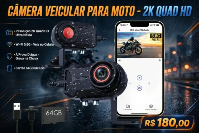 Câmera Veicular Para Moto (2k, Wi-fi, À Prova D'água, 64 Gb)