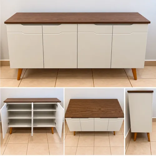 Balcão Buffet Aparador 4 Portas - Branco com Tampo Amadeirado