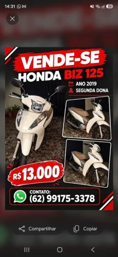 Vendo Honda biz 125 ,valor 13 mil cor branca, segunda dona, IPVA e licenciamento 2026 pago
