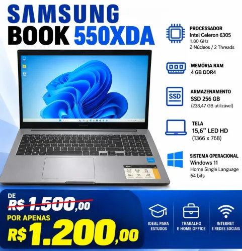 Notebook Samsung Book 550XDA Celeron 6305 4GB RAM SSD 256GB 15,6? Windows 11