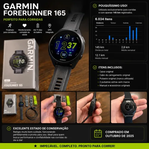 Garmin Forerunner 165 - Impecável | Apenas 145 km de uso | Completo