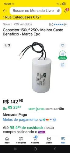Capacitor partida epx 150uf 250v