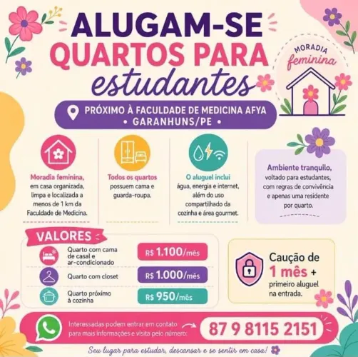 QUARTOS PARA ESTUDANTES FEMININO - PROXIMO A FACILDADE DE MEDICINA AFYA