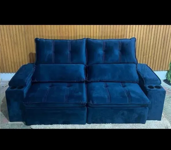 Sofá retrátil azul veludo 2.24mts novo