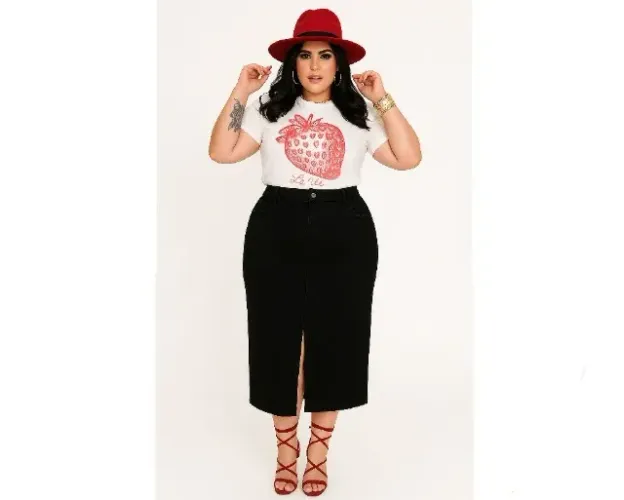 Saia Jeans Midi Plus Size Preta com Fenda Tam 46