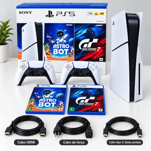 PS5 Slim Disk 1TB, 2 controles e 2 jogos físico (novo NF com garantia SONY 6 meses)