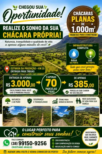 Chácaras planas de 1.000m2 na Estrada da Produção km 20 na entrada de Tábuas