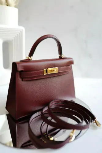 Bolsa de couro legítimo italiana Hermes Mini Kelly em Rouge vinho H Veau Madame