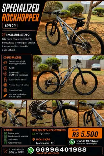 Bicicleta Specialized Rockhopper Expert 29 1x12 - Semi-nova - RONDONOPOLIS/ MT